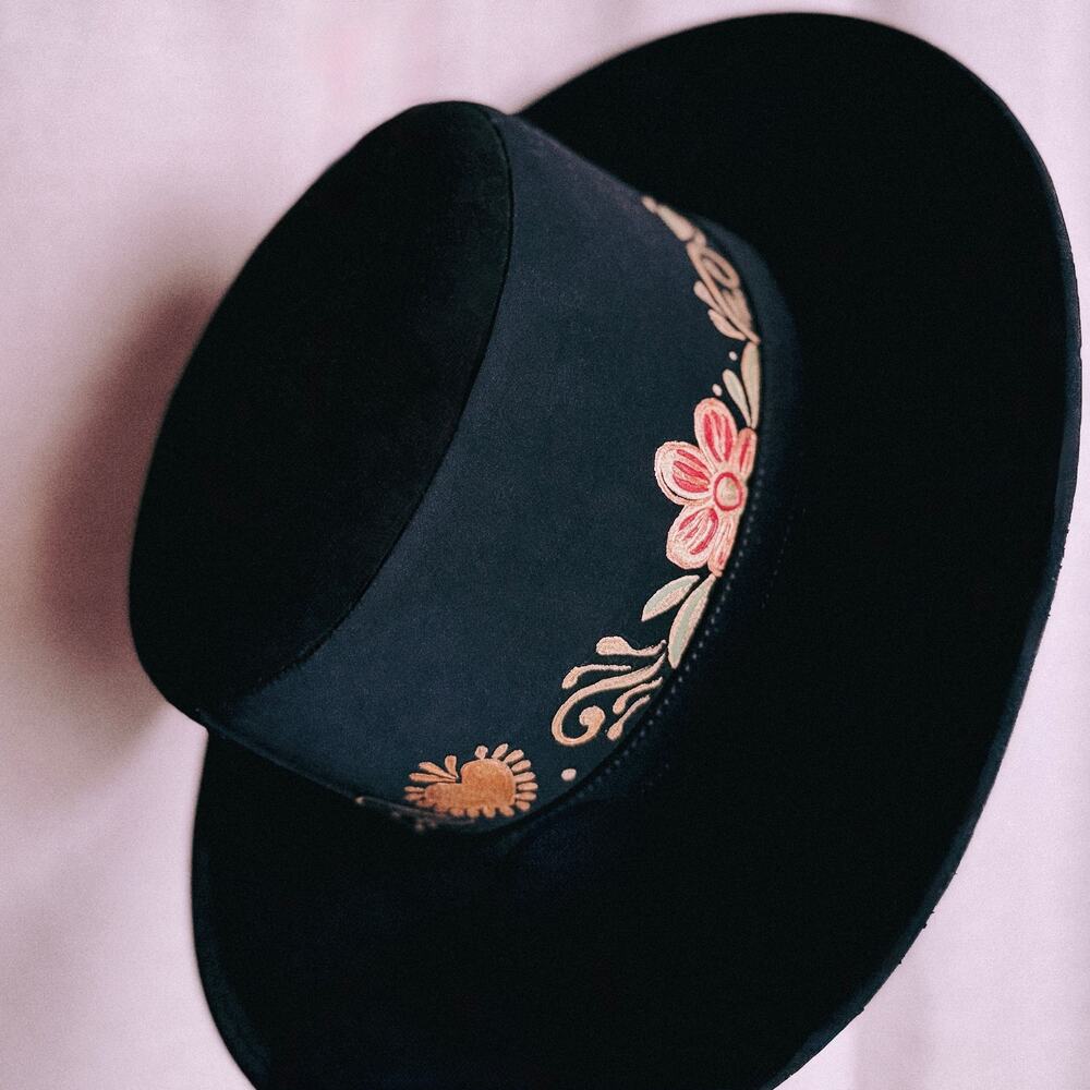 Black Hand Painted Wool Felt Wide Brim Hat, Floral Milagro Brim, Made in Mexico